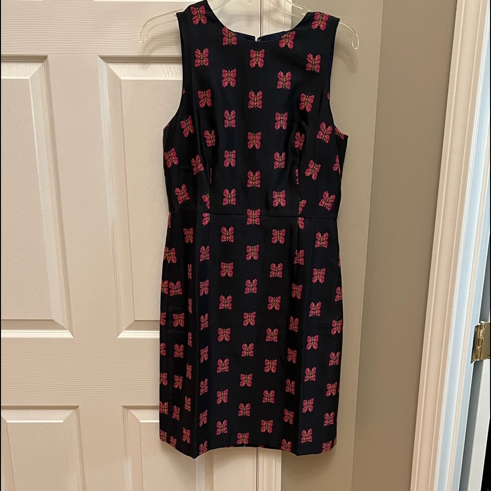 J. Crew Black Midi Dress with Pink Butterfly Print